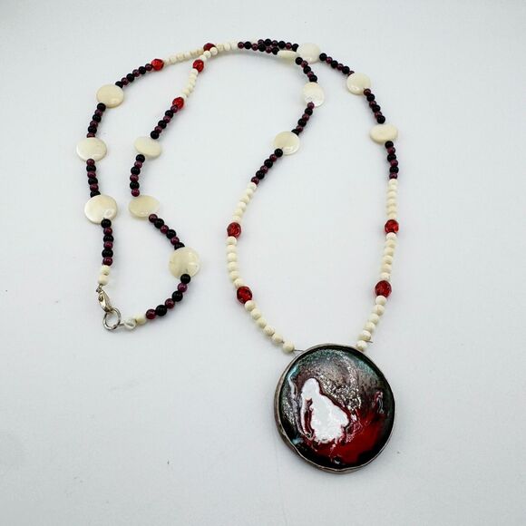 Vintage Handmade Enamel Sterling Silver Artisan Mother of Pearl Bead Necklace - Picture 6 of 14